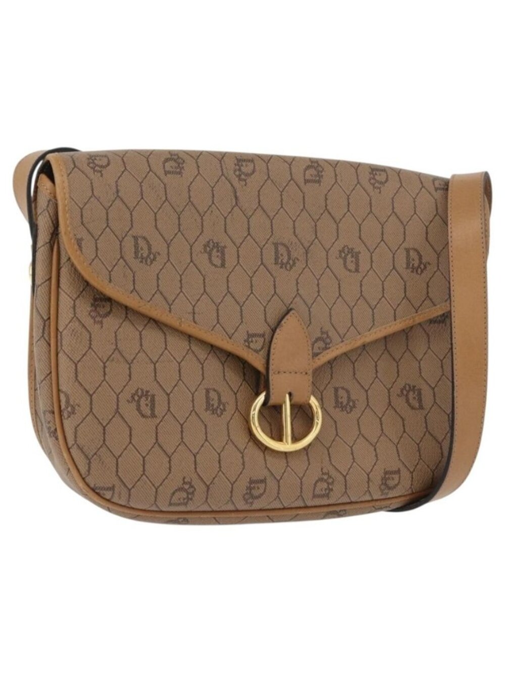 Authentic Christian Dior Honeycomb Canvas Shoulder Bag PVC Beige Gold